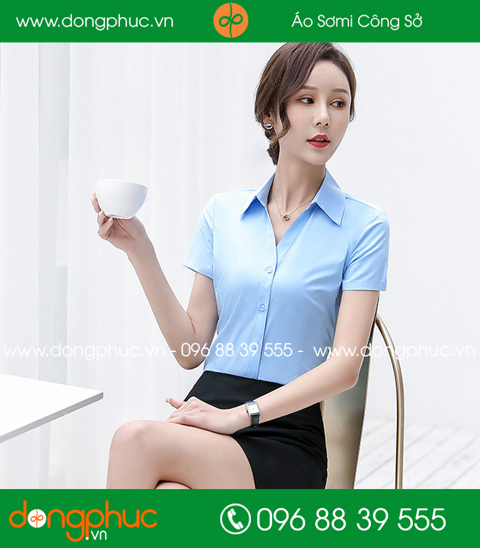 Đồng phục áo sơ mi màu xanh dương cộc tay